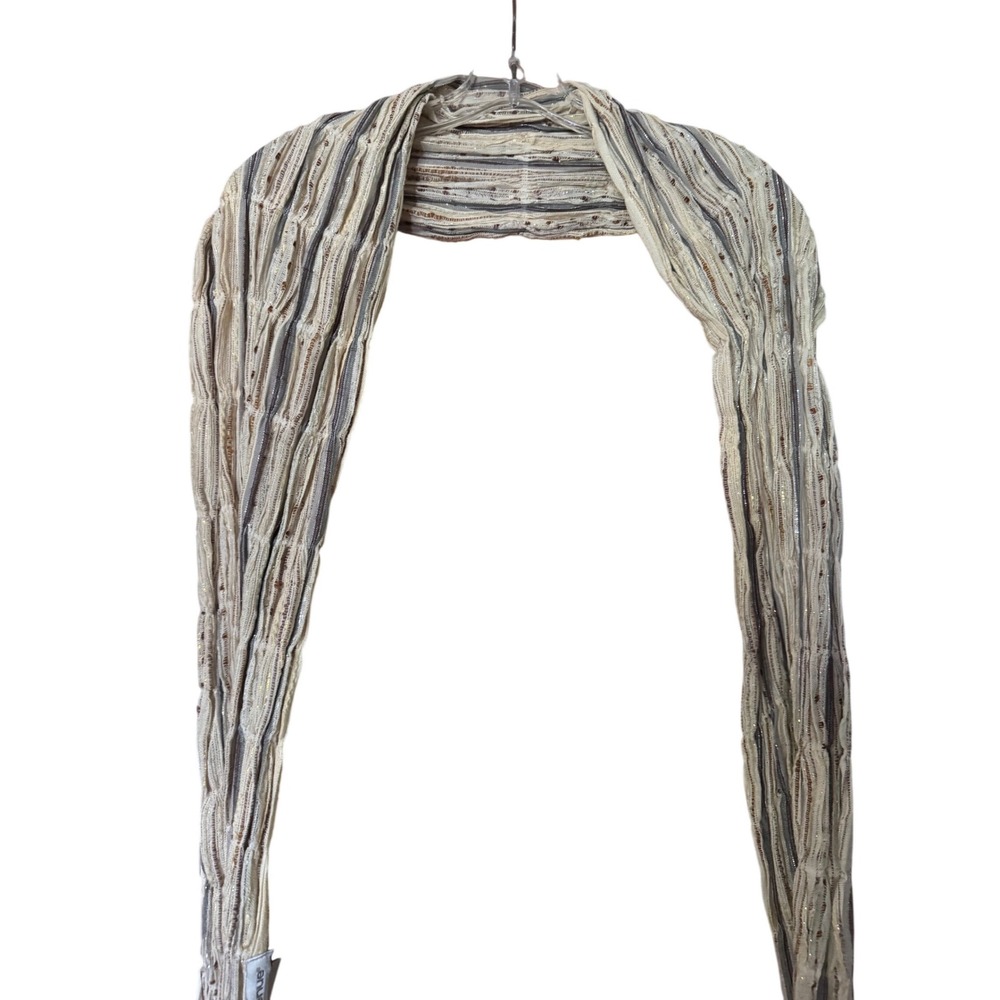 Avenue Scarf Cream Brown Grey Metallic Gold Stripe Knit Fringe Lightweight Boho